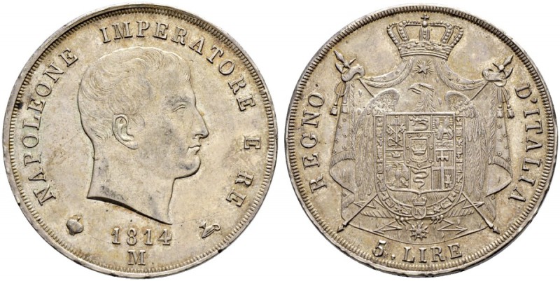 ITALIA 
 Milano 
 Napoleone I, 1805-1814. 
 5 Lire 1814, Milano. 25.01 g. Pag...