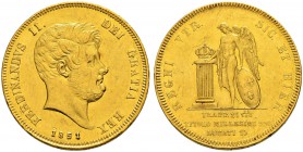 ITALIA 
 Napoli / Sicilia 
 Ferdinando II. 1830-1859. 
 15 Ducati 1851. 18.93 g. MIR 491/4. Pag 154. Fr. 867. Rara. Graffii. Spl.
