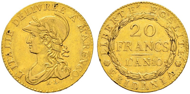 ITALIA 
 Repubblica Subalpina 
 20 Francs AN 10 (1801). 6.41 g. Pag. 4. Fr. 11...
