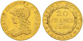 ITALIA 
 Repubblica Subalpina 
 20 Francs AN 10 (1801). 6.41 g. Pag. 4. Fr. 1172. BB-BB+.