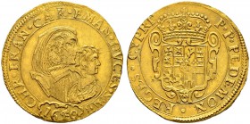 ITALIA 
 Savoia / Sardegna 
 Carlo Emanuele II, 1638-1648. 
 4 Scudi 1640. 13.35 g. MIR 738b. Fr. 1071. Molto raro. Debolezze di conio. BB+/Spl.