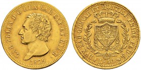 ITALIA 
 Savoia / Sardegna 
 Carlo Felice, 1821-1831. 
 40 Lire 1825, Torino. 12.91 g. Nomisma 537. Pag. 42. Schl. 156. Fr. 1134. Rara. qSpl/Spl.