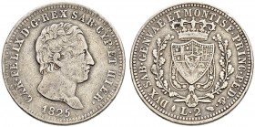 ITALIA 
 Savoia / Sardegna 
 Carlo Felice, 1821-1831. 
 2 Lire 1825, Torino. 9.80 g. Nomisma 577. Pag. 84. MB/BB.
