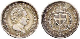 ITALIA 
 Savoia / Sardegna 
 Carlo Felice, 1821-1831. 
 50 Centesimi 1825, Torino. 2.47 g. Nomisma 600. Pag. 111. -Spl/Spl.