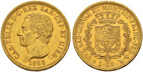 ITALIA 
 Savoia / Sardegna 
 Carlo Felice, 1821-1831. 
 80 Lire 1828, Torino. 25.80 g. Nomisma 529. Pag. 32. Schl. 140. Fr. 1132. Spl/Spl+.