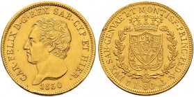 ITALIA 
 Savoia / Sardegna 
 Carlo Felice, 1821-1831. 
 80 Lire 1830, Genova. 25.77 g. Nomisma 532. Pag. 35. Fr. 1133. Errore nel bordo. MB/Spl.
