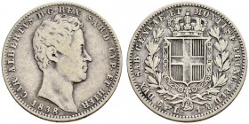 ITALIA 
 Savoia / Sardegna 
 Carlo Alberto, 1831-1849. 
 Lira 1838, Torino. 4.87 g. Nomisma 725. Pag. 302. Molto rara. MB/BB.
