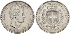 ITALIA 
 Savoia / Sardegna 
 Carlo Alberto, 1831-1849. 
 2 Lire 1844, Genova. 10.03 g. Nomisma 713. Raro. Graffio al R. SPL+.