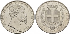 ITALIA 
 Savoia / Sardegna 
 Vittorio Emanuele II, 1849-1861. 
 5 Lire 1850, Genova. 24.98 g. Nomisma 771. Pag. 370. Mont 41. Rara. Spl+/Fdc.