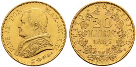 ITALIA 
 Vaticano - Stato Pontificio 
 Pio IX. 1846-1878. 
 20 Lire 1866 AN XXI, Roma. 6.45 g. Pag. 529. Schl. 152. Fr. 280. QSpl.