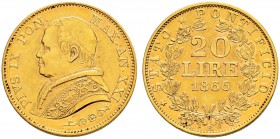 ITALIA 
 Vaticano - Stato Pontificio 
 Pio IX. 1846-1878. 
 20 Lire 1866 AN XXI, Roma. 6.44 g. Pag. 529. Schl. 152. Fr. 280. BB+.