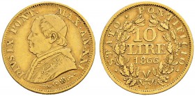 ITALIA 
 Vaticano - Stato Pontificio 
 Pio IX. 1846-1878. 
 10 Lire 1866 AN XXI, Roma. 3.18 g. Pag. 540. Schl. 162. Fr. 281. BB.