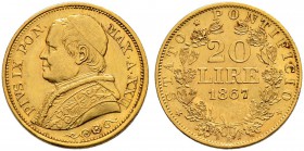 ITALIA 
 Vaticano - Stato Pontificio 
 Pio IX. 1846-1878. 
 20 Lire 1867 AN XXII, Roma. 6.43 g. Pag. 531. Schl. 154. Fr. 280. BB-Spl.