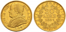 ITALIA 
 Vaticano - Stato Pontificio 
 Pio IX. 1846-1878. 
 20 Lire 1867 AN XXII, Roma. 6.44 g. Pag. 531. Schl. 154. Fr. 280. BB/Spl.