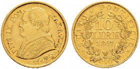 ITALIA 
 Vaticano - Stato Pontificio 
 Pio IX. 1846-1878. 
 10 Lire 1867 AN XXII, Roma. 3.19 g. Pag. 542. Schl. 164. Fr. 281. QSpl.