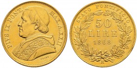 ITALIA 
 Vaticano - Stato Pontificio 
 Pio IX. 1846-1878. 
 50 Lire 1868 AN XXII, Roma. 16.14 g. Pag. 523. Schl. 147. Fr. 279. Spl.