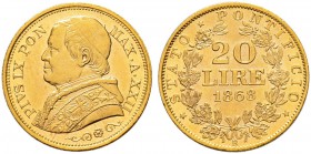 ITALIA 
 Vaticano - Stato Pontificio 
 Pio IX. 1846-1878. 
 20 Lire 1868 AN XXII, Roma. 6.44 g. Pag. 532. Schl. 155. Fr. 280. QFdc.