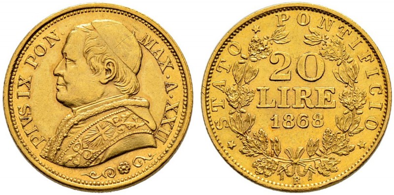 ITALIA 
 Vaticano - Stato Pontificio 
 Pio IX. 1846-1878. 
 20 Lire 1868 AN X...