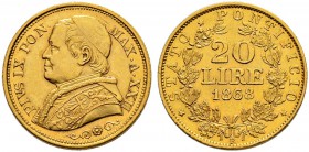 ITALIA 
 Vaticano - Stato Pontificio 
 Pio IX. 1846-1878. 
 20 Lire 1868 AN XXII, Roma. 6.44 g. Pag. 532. Schl. 155. Fr. 280. BB-Spl.