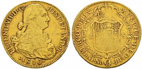 KOLUMBIEN 
 Fernando VII. 1808-1824. 
 8 Escudos 1810, Nuevo Reino. Assayer JF. 26.89 g. Calico 1314. C.T. 77. Fr. 60. Prägeschwäche / Weakly struck...