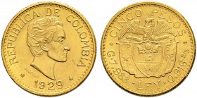 KOLUMBIEN 
 Republik, 1886-. 
 5 Pesos 1929. 7.99 g. Fr. 115. Gutes vorzüglich / Good extremely fine.
