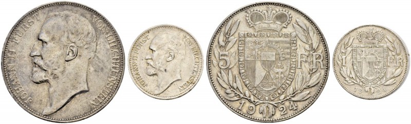 LIECHTENSTEIN 
 Johann II. 1858-1929. 
 5 Franken 1924. 1 Franken 1924. Divo 1...