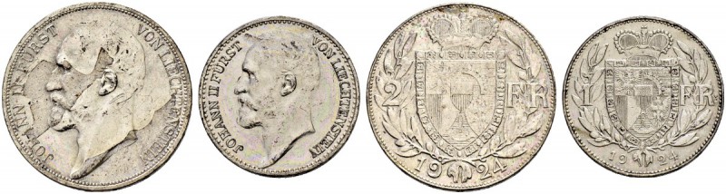 LIECHTENSTEIN 
 Johann II. 1858-1929. 
 2 Franken 1924. 1 Franken 1924. Divo 1...