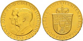 LIECHTENSTEIN 
 Franz Josef II. 1938-1989. 
 100 Franken 1952. 32.29 g. Divo 131. HMZ 2-1385a. Fr. 19. FDC / Uncirculated.