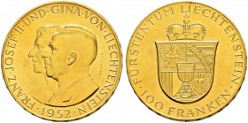LIECHTENSTEIN 
 Franz Josef II. 1938-1989. 
 100 Franken 1952. 32.29 g. Divo 131. HMZ 2-1385a. Fr. 19. FDC / Uncirculated.