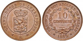 LUXEMBURG 
 Adolph von Nassau, Regent, 1889-1890. 
 10 Centimes 1889. ESSAI. 9.94 g. KM E 15. Kratzer / Scratches. Vorzüglich / Extremely fine.
