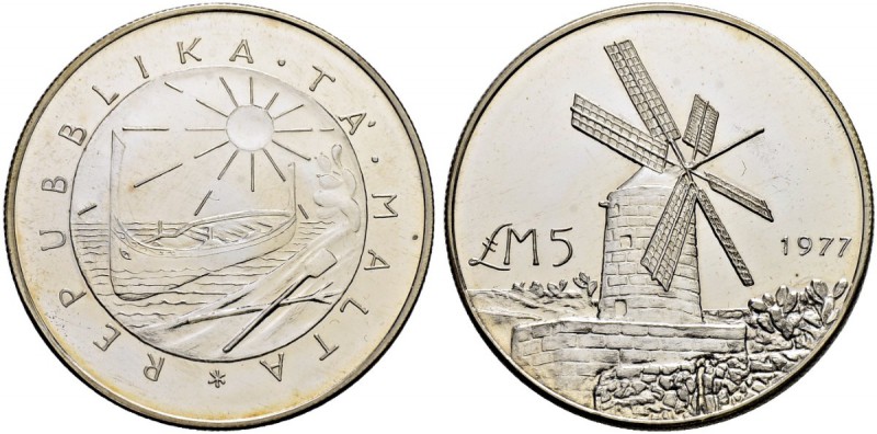 MALTA 
 Republik seit 1974. 
 5 Pounds 1977. 28.36 g. KM 47. FDC / Uncirculate...