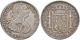 MEXIKO 
 Carlos IV. 1788-1808. 
 8 Reales 1794, Mexiko. Assayer FM. 26.96 g. C.T. 649. Sehr schön / Very fine.