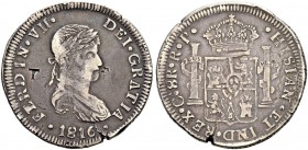 MEXIKO 
 Fernando VII. 1808-1821. 
 8 Reales 1816, Chihuahua. Assayer RP. Gegenstempel T und Granatapfel. 26.85 g. C.T. 405. KM 123. Selten / Rare. ...