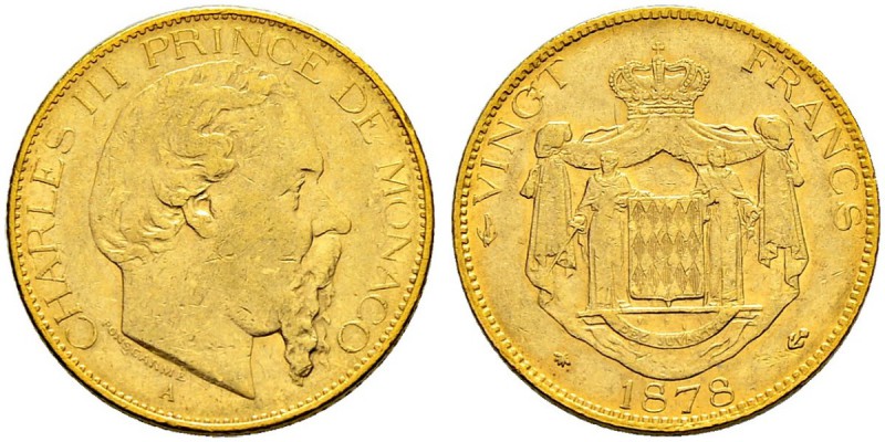 MONACO 
 Charles III. 1856-1889. 
 20 Francs 1878, Paris. 6.43 g. Gadoury 104....
