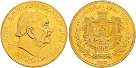 MONTENEGRO 
 Nikolaus I. 1860-1918. 
 100 Perpera 1910, Wien. 33.83 g. Schl. 1. Fr. 1. Sehr selten / Very rare. Kleiner Rand­fehler / Minor rim nick...