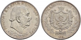 MONTENEGRO 
 Nikolaus I. 1860-1918. 
 5 Perpera 1912. 23.93 g. KM 15. Dav. 223. Fast vorzüglich-vorzüglich.