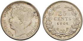 NIEDERLANDE 
 Königreich der Niederlande 
 Wilhelmina 1890-1948. 
 25 Cents 1901. Variante mit breitem Hals. 3.58 g. Schulman 854 a. Selten / Rare....
