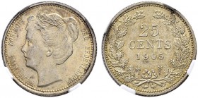 NIEDERLANDE 
 Königreich der Niederlande 
 Wilhelmina 1890-1948. 
 25 Cents 1905. Schulman 858. NGC MS62. Fast FDC / Almost uncirculated.