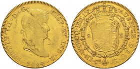 PERU 
 Fernando VII. 1808-1824. 
 8 Escudos 1824, Cuzco. Assayer G. 27.01 g. Calico 1201. C.T. 11. Selten / Rare. Schrötlingsfehler Av. Prägeschwäch...