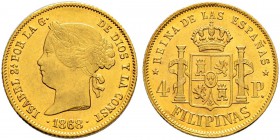 PHILIPPINEN 
 Isabella II. 1833-1868. 
 4 Pesos 1868, Manila. 6.77 g. Schl. 9. Fr. 1. Vorzüglich-FDC / Extremely fine- uncirculated.