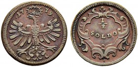 RDR / ÖSTERREICH 
 Karl VI. 1711-1740. 
 1/2 Soldo 1739, Hall. Für Trient. 1.39 g. M.T. 916. Sehr schön-vorzüglich / Very fine-extremely fine.