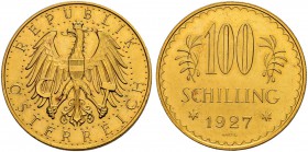 RDR / ÖSTERREICH 
 I. Republik. 1918-1938. 
 100 Schilling 1927, Wien. 23.52 g. Schl. 680. Fr. 520. Fast FDC / About uncirculated.