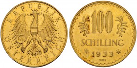 RDR / ÖSTERREICH 
 I. Republik. 1918-1938. 
 100 Schilling 1933, Wien. 23.53 g. Schl. 685. Fr. 435. Kleine Kratzer / Minor scratches. Fast FDC / Abo...