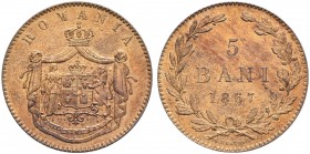 RUMÄNIEN 
 Probe 
 5 Bani 1867, Heaton Mint. . 25.2 mm. 4.79 g. Glatter Rand. Französische Prägung. Schäffer/Stambuliu 6.1.1. Sehr selten / Very rar...