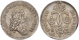 SCHWEDEN 
 Karl XI. 1660-1697. 
 8 Mark 1672, Stockholm. 31.19 g. SM 60. Dav. 4537. Kleiner Randfehler / Minor rim nick. Sehr schön / Very fine.