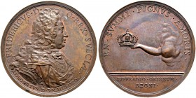SCHWEDEN 
 Friedrich I. 1720-1751. 
 Bronzemedaille 1720. Auf seine Krönung. Stempel von J. C. Hedlinger. Geharnischtes Brustbild nach rechts. Rv. A...
