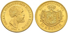SCHWEDEN 
 Oscar II. 1872-1907. 
 10 Kronor 1894. 4.49 g. Fr. 94a. FDC / Uncirculated.
