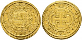 SPANIEN 
 Königreich 
 Carlos II. 1665-1700. 
 8 Escudos 1687 (über 1683, Segovia. Münzzeichen: BR. 26.98 g. Cayon 7906. Fr. 219. Sehr selten / Ver...