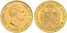 SPANIEN 
 Königreich 
 Alfonso XII. 1874-1885. 
 25 Pesetas 1876 (1962), Madrid. Mmz. DEM. 8.08 g. C.T. 6. Fr. 342R. Kl. Randfehler / Minor edge fa...