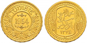 TUNESIEN 
 Mohammed Lamine Bei, 1943-1957. 
 100 Francs 1954. 6.54 g. Fr. 15. Sehr selten. Nur 63 Exemplare geprägt / Very rare. Only 63 pieces mint...